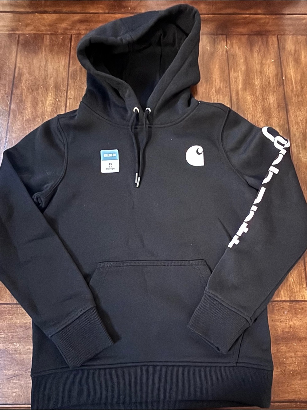 Carhartt XS Relaxed Fit Hoodie Sweatshirt Pullover Black Logo Sleeve NWOT